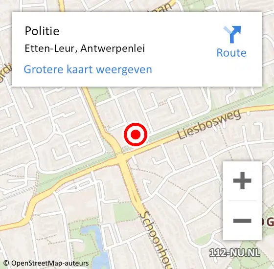 Locatie op kaart van de 112 melding: Politie Etten-Leur, Antwerpenlei op 16 mei 2024 19:35