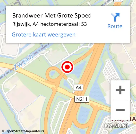 Locatie op kaart van de 112 melding: Brandweer Met Grote Spoed Naar Rijswijk, A4 hectometerpaal: 53 op 16 mei 2024 19:40