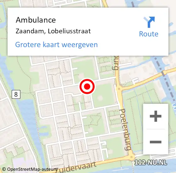 Locatie op kaart van de 112 melding: Ambulance Zaandam, Lobeliusstraat op 16 mei 2024 19:47