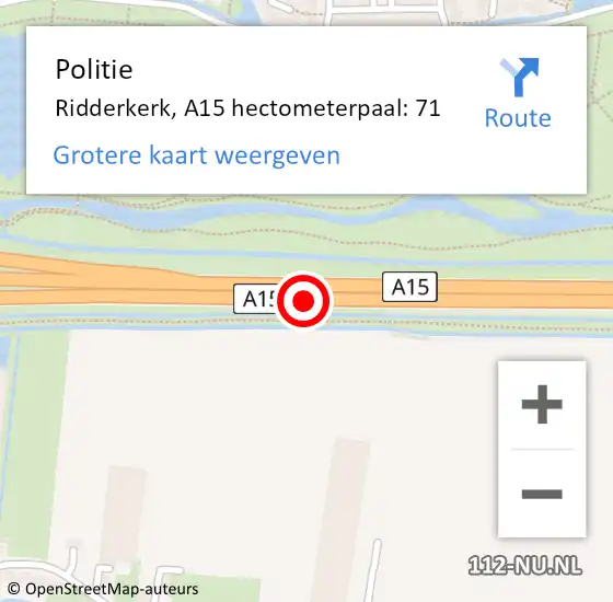 Locatie op kaart van de 112 melding: Politie Ridderkerk, A15 hectometerpaal: 71 op 16 mei 2024 21:19