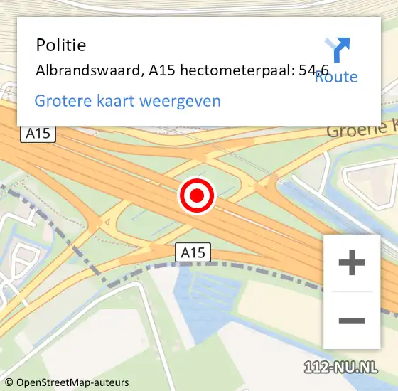 Locatie op kaart van de 112 melding: Politie Albrandswaard, A15 hectometerpaal: 54,6 op 16 mei 2024 22:13