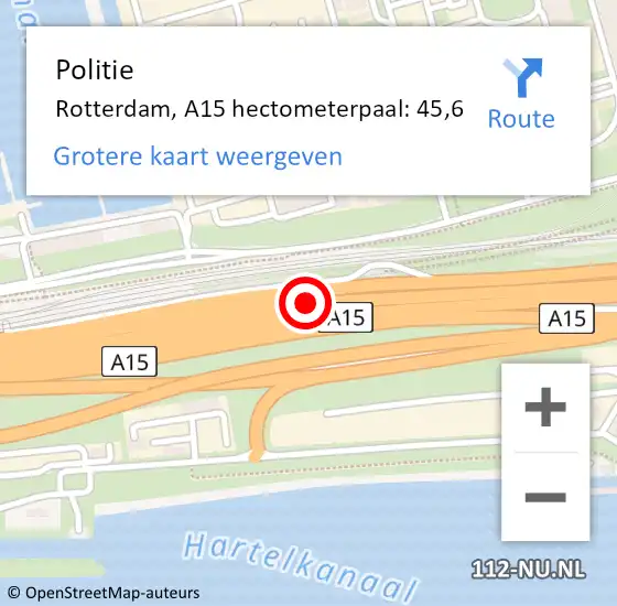 Locatie op kaart van de 112 melding: Politie Rotterdam, A15 hectometerpaal: 45,6 op 16 mei 2024 22:20