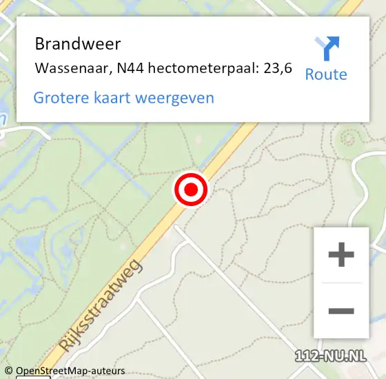Locatie op kaart van de 112 melding: Brandweer Wassenaar, N44 hectometerpaal: 23,6 op 16 mei 2024 23:08
