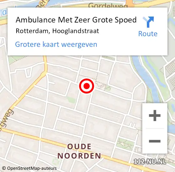 Locatie op kaart van de 112 melding: Ambulance Met Zeer Grote Spoed Naar Rotterdam, Hooglandstraat op 17 mei 2024 01:14