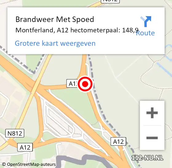 Locatie op kaart van de 112 melding: Brandweer Met Spoed Naar Montferland, A12 hectometerpaal: 148,9 op 17 mei 2024 01:21