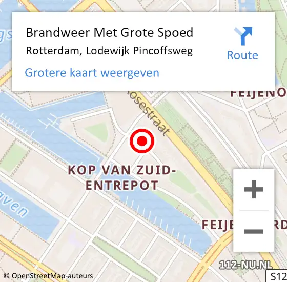 Locatie op kaart van de 112 melding: Brandweer Met Grote Spoed Naar Rotterdam, Lodewijk Pincoffsweg op 17 mei 2024 03:26