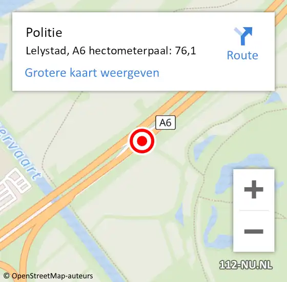 Locatie op kaart van de 112 melding: Politie Lelystad, A6 hectometerpaal: 76,1 op 17 mei 2024 05:23
