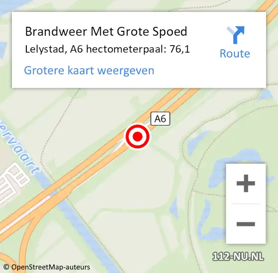Locatie op kaart van de 112 melding: Brandweer Met Grote Spoed Naar Lelystad, A6 hectometerpaal: 76,1 op 17 mei 2024 05:23