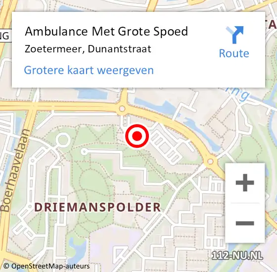 Locatie op kaart van de 112 melding: Ambulance Met Grote Spoed Naar Zoetermeer, Dunantstraat op 17 mei 2024 06:38