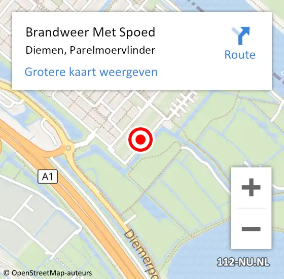 Locatie op kaart van de 112 melding: Brandweer Met Spoed Naar Diemen, Parelmoervlinder op 17 mei 2024 07:59