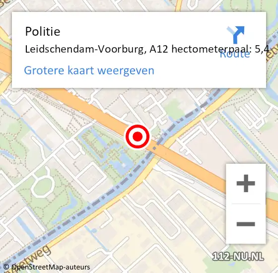 Locatie op kaart van de 112 melding: Politie Leidschendam-Voorburg, A12 hectometerpaal: 5,4 op 17 mei 2024 09:09