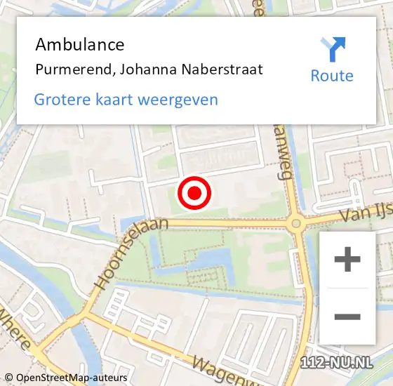 Locatie op kaart van de 112 melding: Ambulance Purmerend, Johanna Naberstraat op 17 mei 2024 09:19