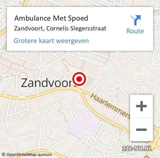 Locatie op kaart van de 112 melding: Ambulance Met Spoed Naar Zandvoort, Cornelis Slegersstraat op 17 mei 2024 09:43