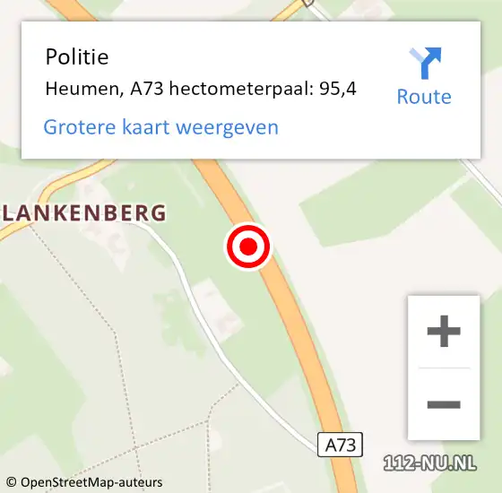 Locatie op kaart van de 112 melding: Politie Heumen, A73 hectometerpaal: 95,4 op 17 mei 2024 10:07