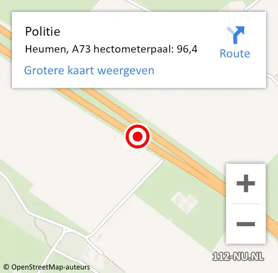 Locatie op kaart van de 112 melding: Politie Heumen, A73 hectometerpaal: 96,4 op 17 mei 2024 10:08