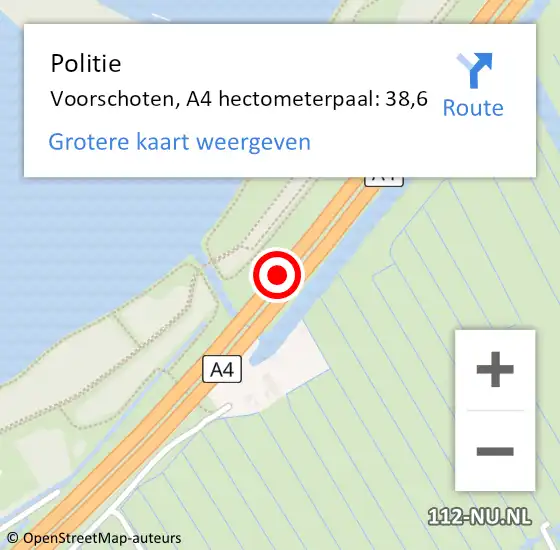 Locatie op kaart van de 112 melding: Politie Voorschoten, A4 hectometerpaal: 38,6 op 17 mei 2024 11:23
