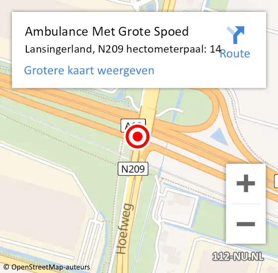 Locatie op kaart van de 112 melding: Ambulance Met Grote Spoed Naar Lansingerland, N209 hectometerpaal: 14 op 17 mei 2024 11:34