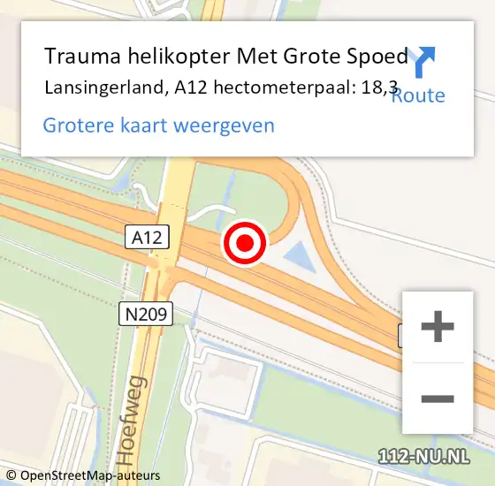 Locatie op kaart van de 112 melding: Trauma helikopter Met Grote Spoed Naar Lansingerland, A12 hectometerpaal: 18,3 op 17 mei 2024 11:44