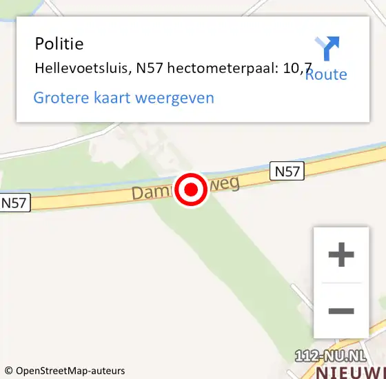 Locatie op kaart van de 112 melding: Politie Hellevoetsluis, N57 hectometerpaal: 10,7 op 17 mei 2024 12:18