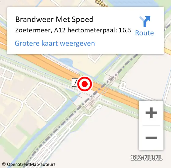 Locatie op kaart van de 112 melding: Brandweer Met Spoed Naar Zoetermeer, A12 hectometerpaal: 16,5 op 17 mei 2024 12:45