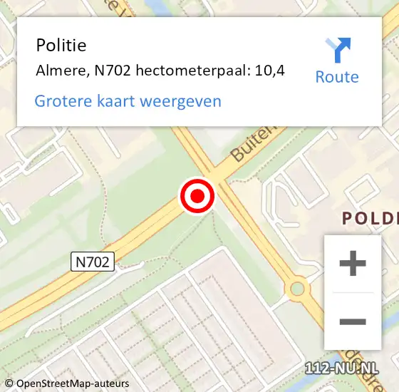 Locatie op kaart van de 112 melding: Politie Almere, N702 hectometerpaal: 10,4 op 17 mei 2024 12:48