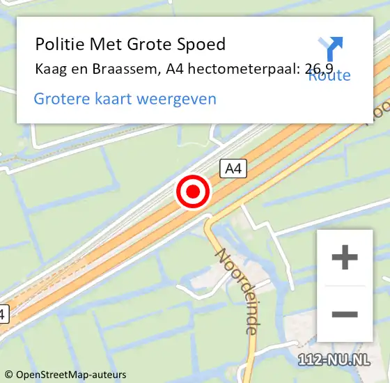 Locatie op kaart van de 112 melding: Politie Met Grote Spoed Naar Kaag en Braassem, A4 hectometerpaal: 26,9 op 17 mei 2024 13:08