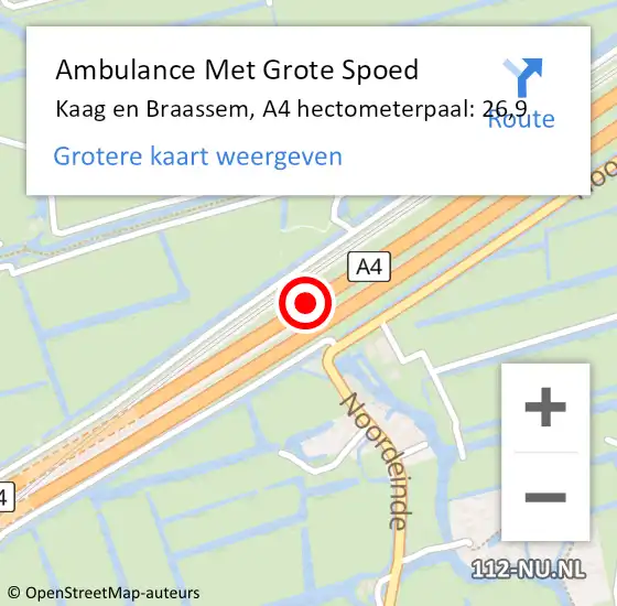 Locatie op kaart van de 112 melding: Ambulance Met Grote Spoed Naar Kaag en Braassem, A4 hectometerpaal: 26,9 op 17 mei 2024 13:09