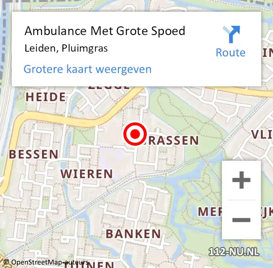 Locatie op kaart van de 112 melding: Ambulance Met Grote Spoed Naar Leiden, Pluimgras op 17 mei 2024 13:36