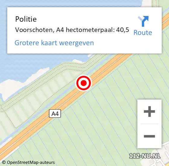 Locatie op kaart van de 112 melding: Politie Voorschoten, A4 hectometerpaal: 40,5 op 17 mei 2024 13:41