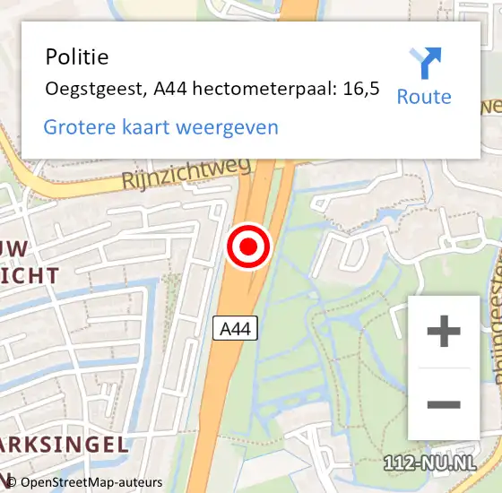 Locatie op kaart van de 112 melding: Politie Oegstgeest, A44 hectometerpaal: 16,5 op 17 mei 2024 14:08