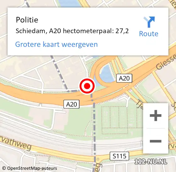 Locatie op kaart van de 112 melding: Politie Schiedam, A20 hectometerpaal: 27,2 op 17 mei 2024 14:18