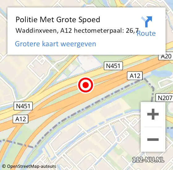 Locatie op kaart van de 112 melding: Politie Met Grote Spoed Naar Waddinxveen, A12 hectometerpaal: 26,7 op 17 mei 2024 14:23