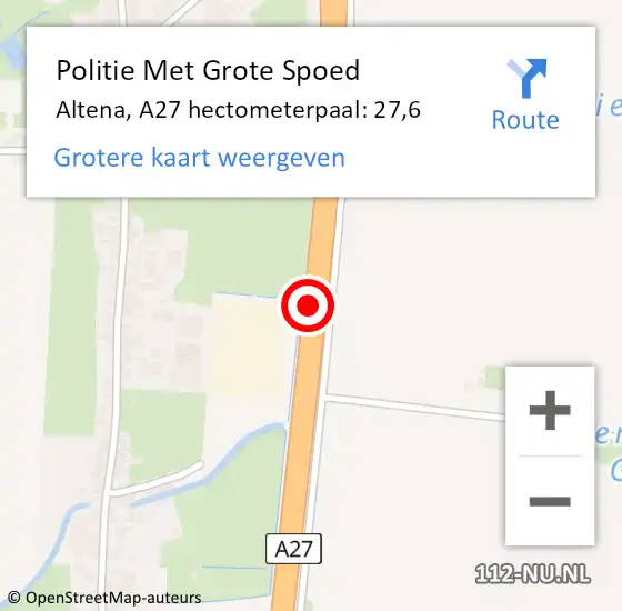 Locatie op kaart van de 112 melding: Politie Met Grote Spoed Naar Altena, A27 hectometerpaal: 27,6 op 17 mei 2024 15:16