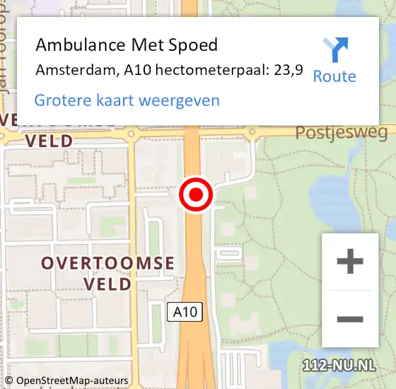 Locatie op kaart van de 112 melding: Ambulance Met Spoed Naar Amsterdam, A10 hectometerpaal: 23,9 op 17 mei 2024 15:33
