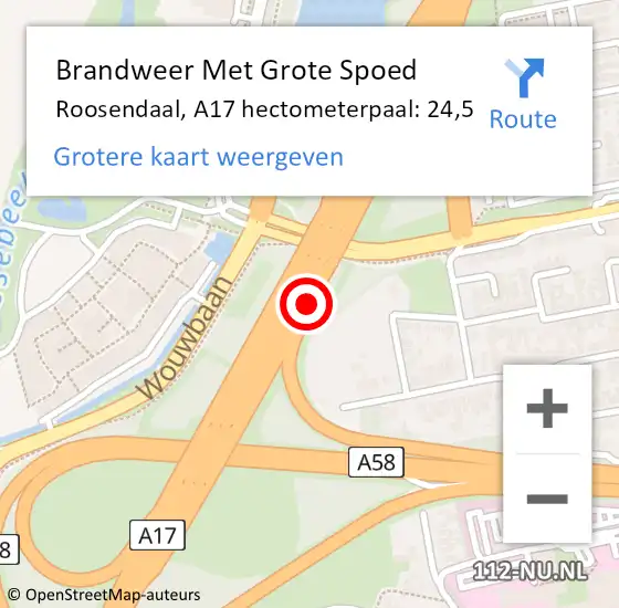 Locatie op kaart van de 112 melding: Brandweer Met Grote Spoed Naar Roosendaal, A17 hectometerpaal: 24,5 op 17 mei 2024 15:53