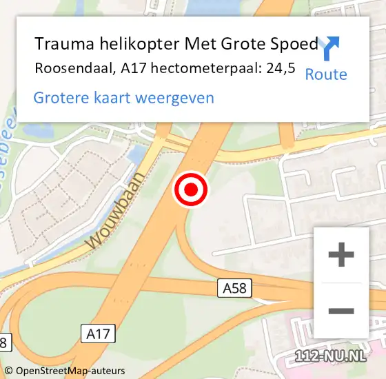Locatie op kaart van de 112 melding: Trauma helikopter Met Grote Spoed Naar Roosendaal, A17 hectometerpaal: 24,5 op 17 mei 2024 15:58