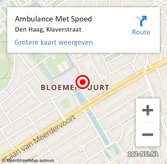 Locatie op kaart van de 112 melding: Ambulance Met Spoed Naar Den Haag, Klaverstraat op 17 mei 2024 16:03