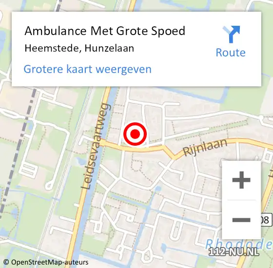 Locatie op kaart van de 112 melding: Ambulance Met Grote Spoed Naar Heemstede, Hunzelaan op 17 mei 2024 16:07