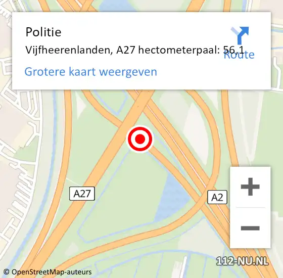 Locatie op kaart van de 112 melding: Politie Vijfheerenlanden, A27 hectometerpaal: 56,1 op 17 mei 2024 16:27