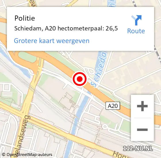 Locatie op kaart van de 112 melding: Politie Schiedam, A20 hectometerpaal: 26,5 op 17 mei 2024 16:33