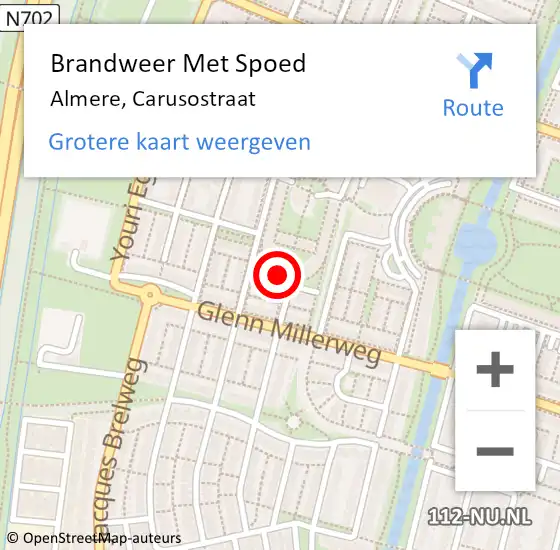 Locatie op kaart van de 112 melding: Brandweer Met Spoed Naar Almere, Carusostraat op 17 mei 2024 16:39