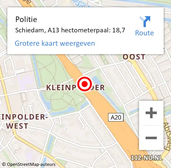 Locatie op kaart van de 112 melding: Politie Schiedam, A13 hectometerpaal: 18,7 op 17 mei 2024 16:41