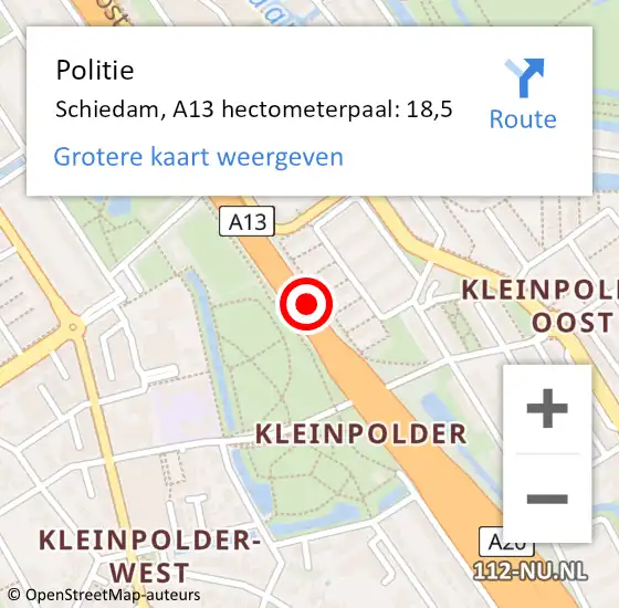 Locatie op kaart van de 112 melding: Politie Schiedam, A13 hectometerpaal: 18,5 op 17 mei 2024 17:12