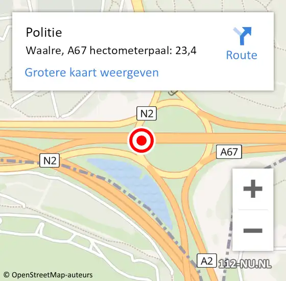 Locatie op kaart van de 112 melding: Politie Waalre, A67 hectometerpaal: 23,4 op 17 mei 2024 18:07