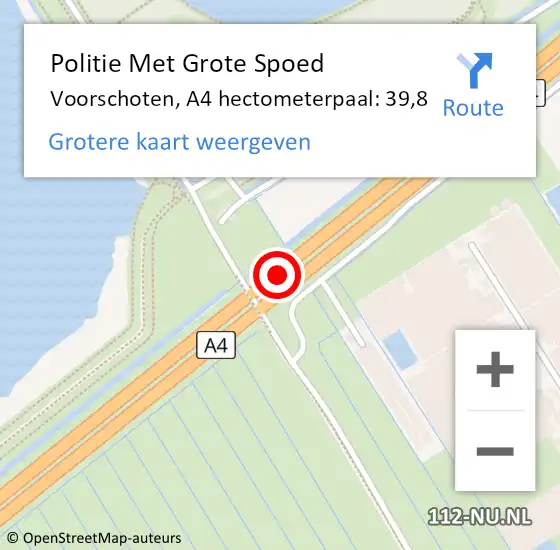 Locatie op kaart van de 112 melding: Politie Met Grote Spoed Naar Voorschoten, A4 hectometerpaal: 39,8 op 17 mei 2024 18:40