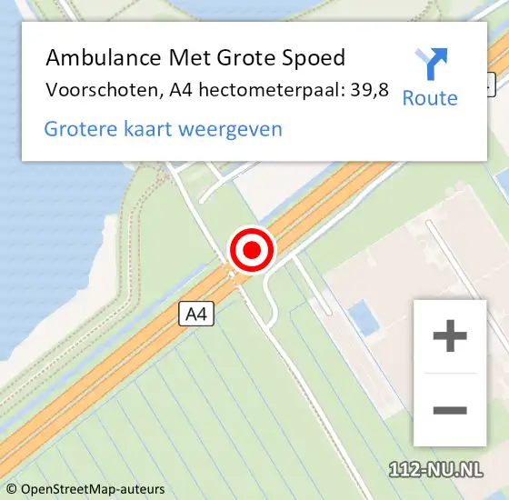 Locatie op kaart van de 112 melding: Ambulance Met Grote Spoed Naar Voorschoten, A4 hectometerpaal: 39,8 op 17 mei 2024 18:41