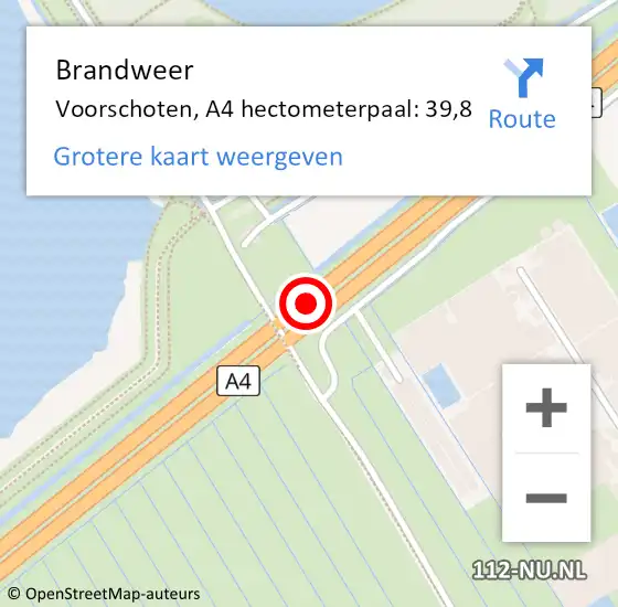 Locatie op kaart van de 112 melding: Brandweer Voorschoten, A4 hectometerpaal: 39,8 op 17 mei 2024 18:46