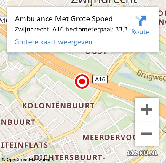 Locatie op kaart van de 112 melding: Ambulance Met Grote Spoed Naar Zwijndrecht, A16 hectometerpaal: 33,3 op 17 mei 2024 18:54