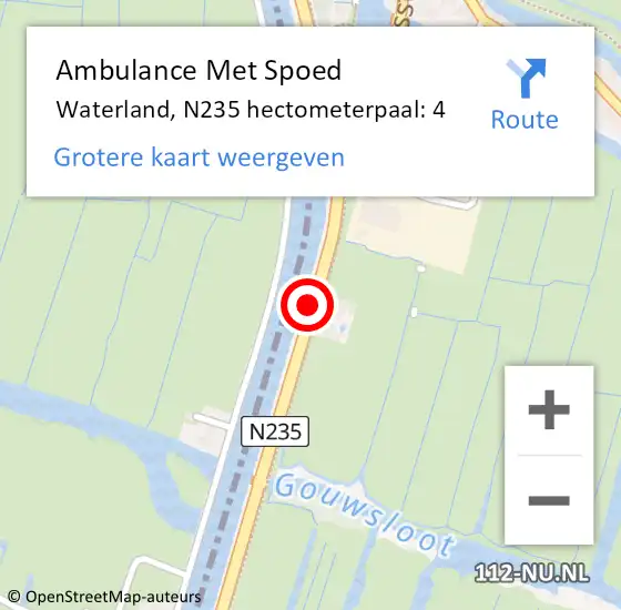 Locatie op kaart van de 112 melding: Ambulance Met Spoed Naar Waterland, N235 hectometerpaal: 4 op 17 mei 2024 19:47