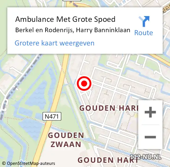 Locatie op kaart van de 112 melding: Ambulance Met Grote Spoed Naar Berkel en Rodenrijs, Harry Banninklaan op 17 mei 2024 22:03